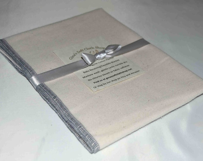 Organic Flannel Receiving or Swaddling Blanket. Sewn with Gray Organic Cotton Thread 28x28 Inches