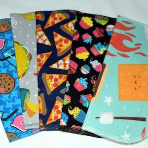 2 Ply Printed Flannel Washable Snack Attack Set Napkins 8x8 inches 5 Pack - Little Wipes (R) Flannel · Handmade in the USA!