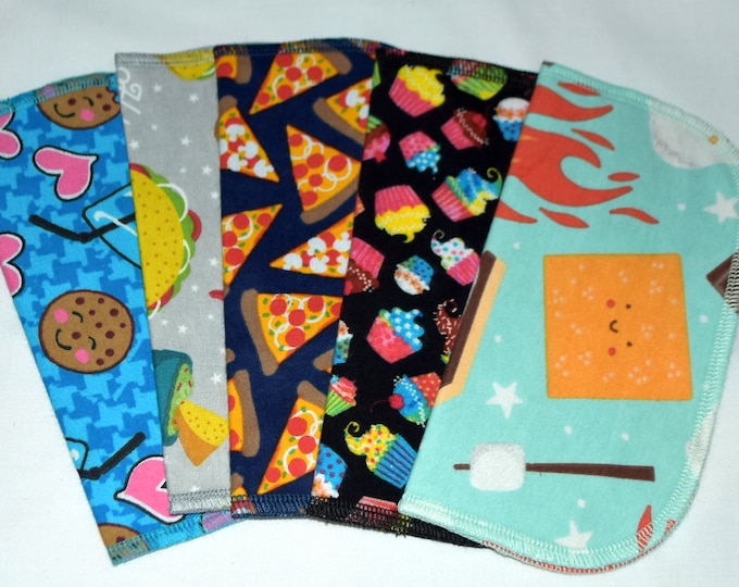 2 Ply Printed Flannel Washable Snack Attack Set Napkins 8x8 inches 5 Pack - Little Wipes (R) Flannel · Handmade in the USA!