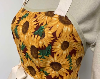 Mothers Day Gift Apron, For Women, Fitted Bodice Style, Made in USA, No-Gap Apron, Gift for Her, Choose Size XS-XXXL, Sunflowers, Adjustable