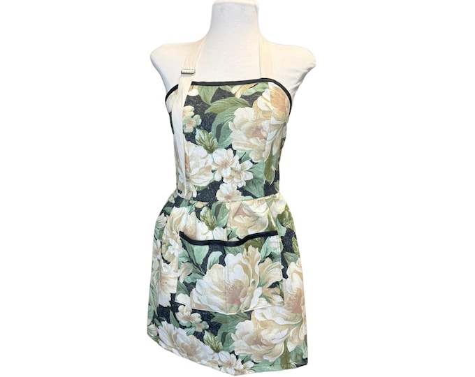 Flower Fitted Apron, For Women, Straight Style, Made in USA, No-Gap Apron, Gift for Her, Choose Size XS-XXXL, Adjustable, Front Pocket,