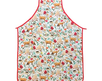 Woodland Animals Apron, For Women, Straight Style, Made in USA, No-Gap Apron, Gift for Her, Choose Size XS-XXXL, Adjustable, Front Pocket,