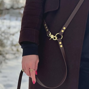 May include: A brown leather dog lead with gold-coloured metal fixings. The lead is attached to a dark brown coat. The image shows a close-up of the lead and part of the coat, with a snowy background.
