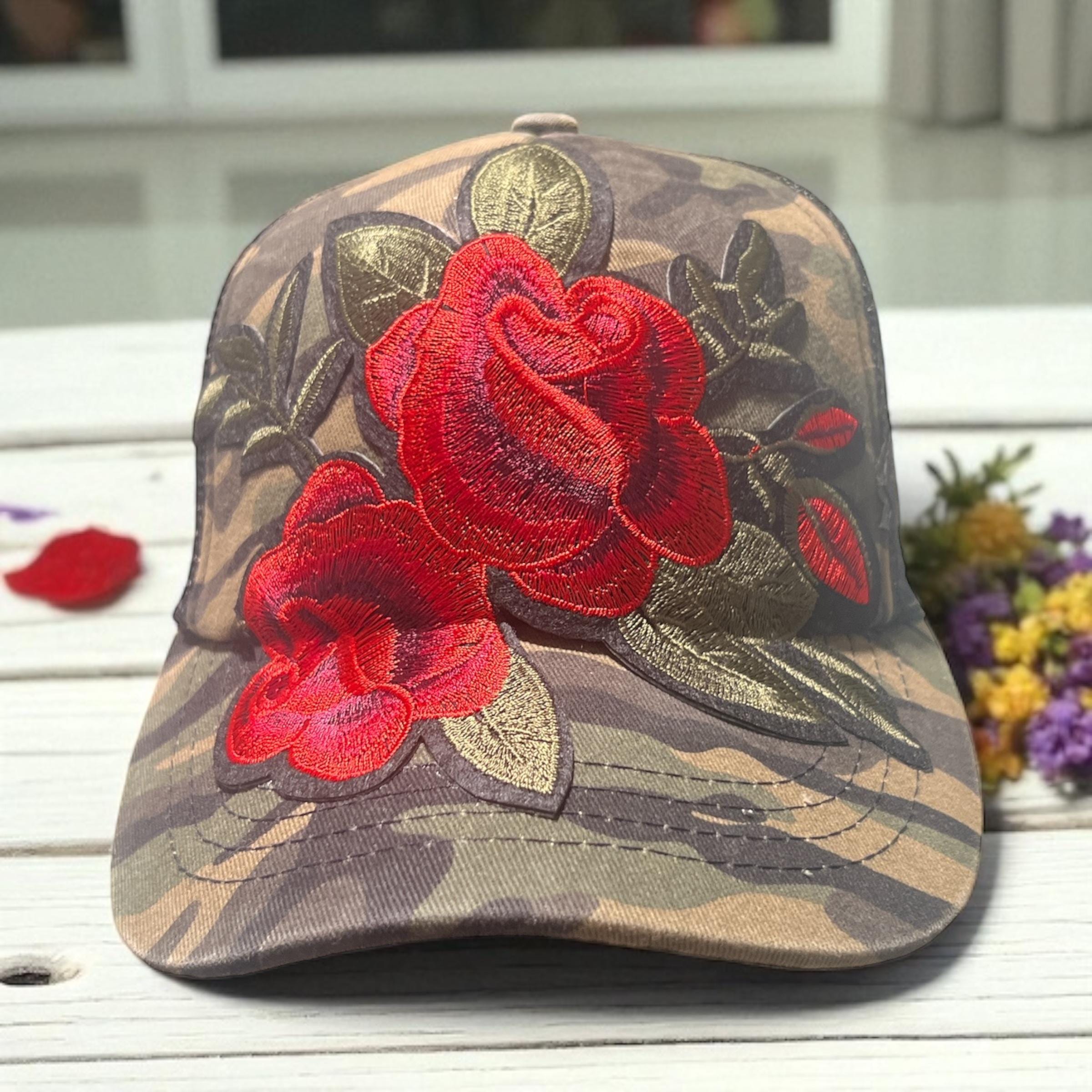 Camo Trucker Hat With Bold Red Floral Embroidery and Black  display picture 1