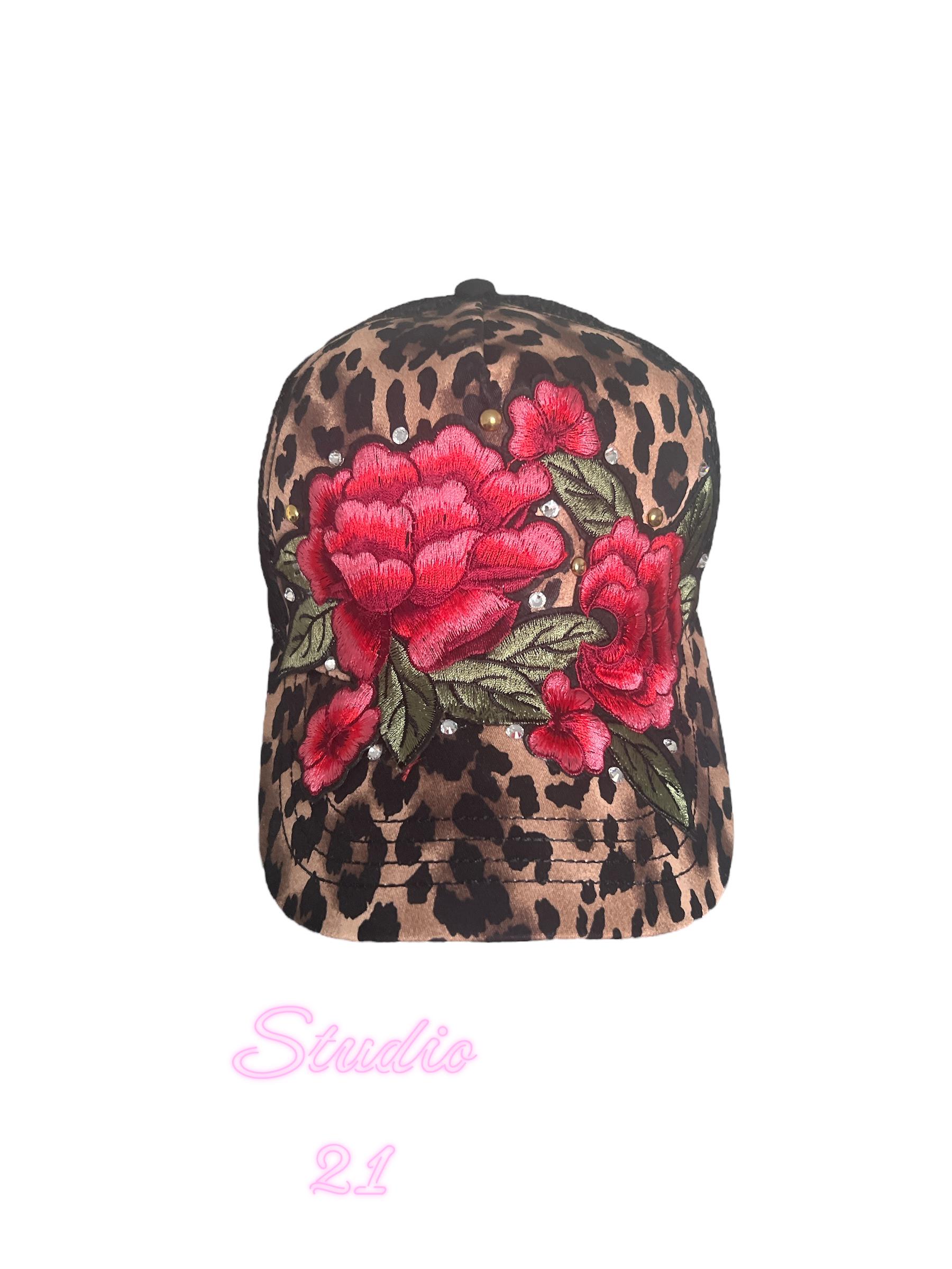 Leopard Print Trucker Hat – Red Floral Embroidery 