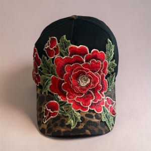 Black Leopard Floral Embroidered Trucker Hat | Red Rose Baseball Cap Snapback