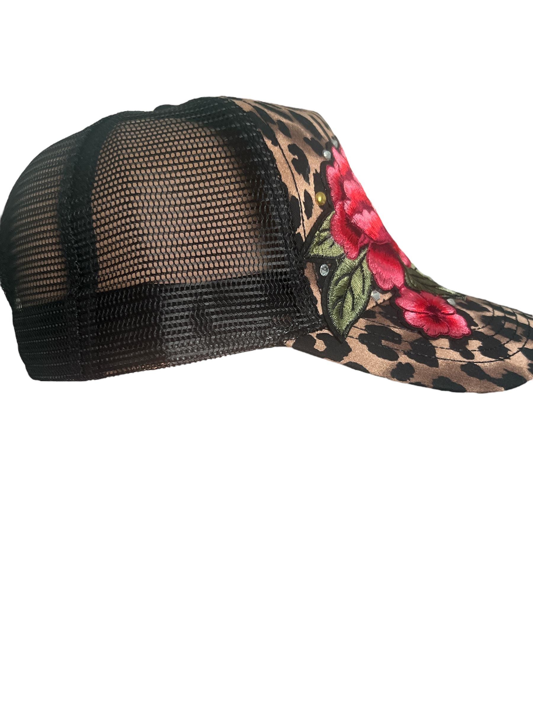 Leopard Print Trucker Hat – Red Floral Embroidery  display picture 2