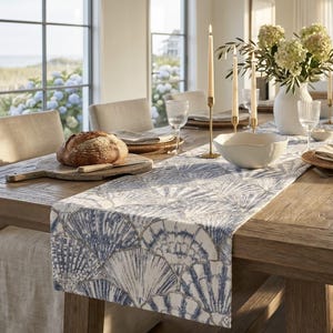 Navy Seashell Table Runner | Coastal Dining, Beach House Decor