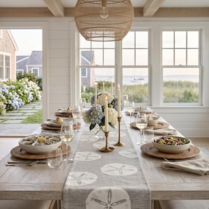 May include: A dining table set for a meal, featuring a light wood table, woven placemats, and a grey runner with sand dollar designs. The table is set with plates, glasses, and a floral centrepiece, with a woven light fixture overhead.