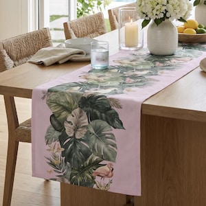 Tropical Palm Table Runner • Blush Pink British Colonial Palm Beach Coastal Dining Decor