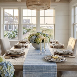 Coastal Table Runner • Light Blue Washed Linen Stripe • Modern Beach House Dining Decor