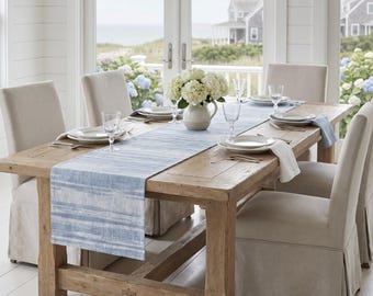 Camino de mesa a rayas azul claro / Decoración de comedor costera / Camino de mesa náutico azul pálido / Mantelería para casa de playa