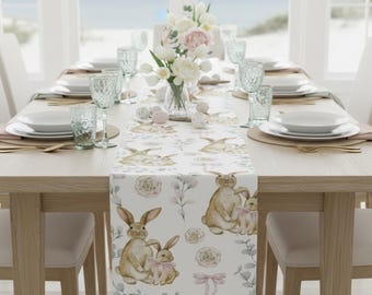 Paashaas tafelloper, pastelkleurige bloemen lentedecor