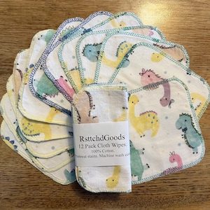 Reusable Cloth Wipes Double Ply | 100% Flannel Cotton | 12 pack | 6x6 | Dino | Plants| Multi use wipes, napkins, tissues, wash cloth, etc.