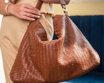 Bolso de mano de cuero tejido a mano: bolso de hombro de piel de vaca trenzada