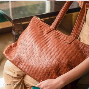 Handmade Woven Leather Tote Bag: Large Braided Shoulder Bag