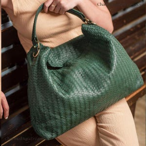 Handwoven Green Leather Tote Bag: Braided Handle, Fits 15&quot; Laptop