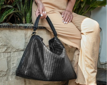 Bolso tote de cuero tejido a mano: bolso para portátil bohemio trenzado