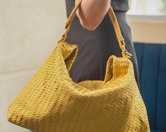 Bolso de mano de cuero trenzado a mano: bolso de hombro de piel de vaca trenzada, apto para portátil de 15 pulgadas