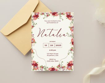 Elegant Quinceañera Invitation 15th Birthday Invitation Digital Quinceañera Evite Editable Canva Template Instant Download