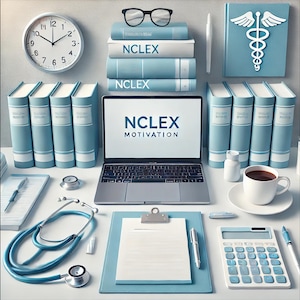 May include: A laptop computer with the words "NCLEX MOTIVATION" on the screen. The laptop is surrounded by books, a stethoscope, a calculator, a coffee cup, and a clipboard with a blank sheet of paper.