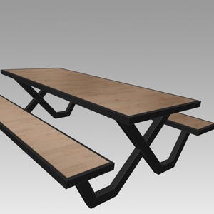 May include: A wooden picnic table with attached benches. The tabletop and benches are light brown, framed by black edges. The table's legs are black and form an X-shape.