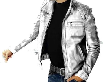 Chaqueta de cuero encerado acolchado y elegante de moda blanca