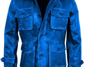 Abrigo de cuero azul vintage con cierre de botones delanteros para hombre