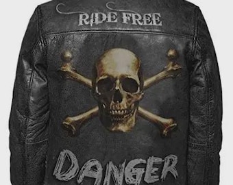 Chaqueta de cuero negra para motociclistas Live Free Danger Skull
