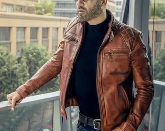 Chaqueta de motociclista estilo retro marrón Cafe Racer para hombre