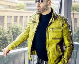 Chaqueta de cuero para motociclista vintage Cafe Racer amarilla para hombre