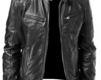Chaqueta de motociclista vintage CAFE RACER de cuero genuino negro de corte entallado para hombre