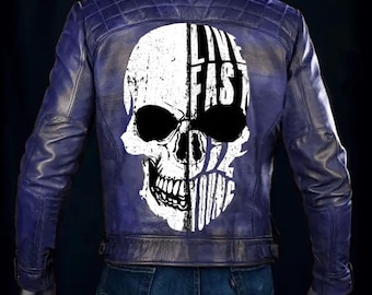 Chaqueta de cuero azul Cafe Racer Live Fast con calavera