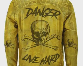 Chaqueta de cuero amarilla vintage Live Hard con calavera de peligro para hombre