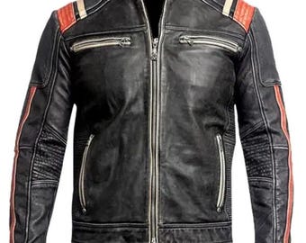 Chaqueta de cuero auténtico para hombre, estilo Cafe Racer, estilo retro vintage, color negro desgastado, para motocicleta.