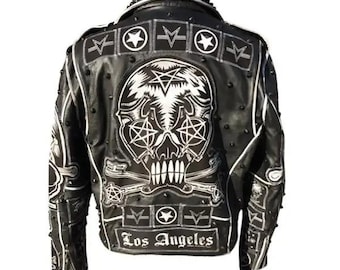 Chaqueta clásica vintage personalizada de cuero negro desgastado con diseño de llave mágica negra
