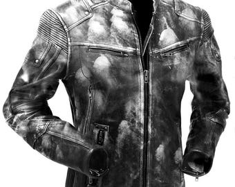 Chaqueta de cuero genuino desgastado estilo motociclista vintage para hombre, estilo Cafe Racer