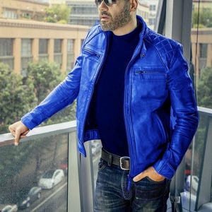 Blouson moto motard en cuir Cafe Racer vintage bleu foncé homme