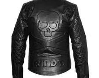 Chaqueta de cuero acolchada para motociclista con diseño clásico de diamante negro para hombre