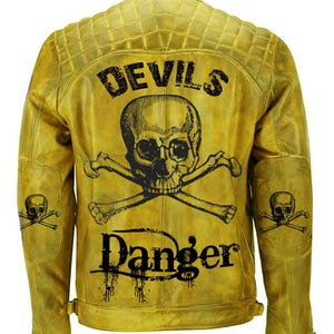 Men Danger Skull Vintage Biker Motorcycle Yellow Leather Jacket