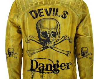 Chaqueta de cuero amarilla estilo motociclista vintage con calavera de peligro para hombre
