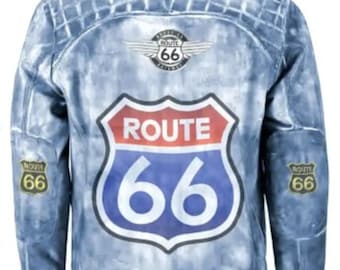 Chaqueta de cuero azul cielo desgastada Route 66 para hombre