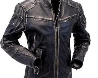 Chaqueta de cuero genuino desgastado estilo motociclista vintage para hombre, estilo Cafe Racer