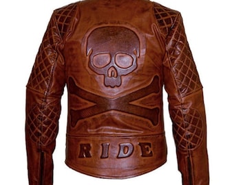 Chaqueta clásica de motociclista con diamantes para hombre, estilo vintage, acolchada, 100 % cuero genuino