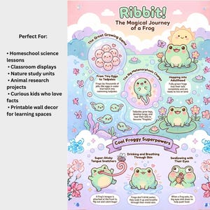 Può includere: Un colorato poster educativo intitolato "Ribbit! The Magical Journey of a Frog". Il poster illustra il ciclo di vita di una rana, dalle uova ai girini fino all'età adulta, con simpatiche illustrazioni di rane e testo. Include il testo "Cool Froggy Superpowers."