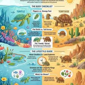 Könnte beinhalten: Eine illustrierte Infografik, die Schildkröten und Landschildkröten vergleicht. Die Grafik hebt die wichtigsten Unterschiede in ihren körperlichen Merkmalen, Lebensräumen und Ernährungsweisen hervor, mit farbenfrohen Illustrationen. Text enthält "Turtle or Tortoise?" und "A Kid's Guide to Shelled Friends".