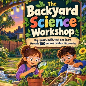 Può includere: Una copertina di libro intitolata The Backyard Science Workshop con due bambini che indossano occhiali protettivi in un giardino. Un bambino usa una lente d'ingrandimento su una pianta, l'altro versa acqua in una canalina. 100 scoperte.