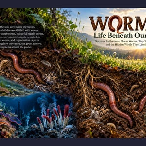May include: A book cover titled WORMS: Life Beneath Our Feet, featuring a cross-section of soil with earthworms and roots, transitioning into an underwater scene with colorful bristle worms and deep-sea tube worms under a bright sunlit landscape.