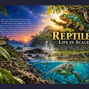 以下が含まれることがあります： Reptiles: Life in Scales, A Visual Encyclopedia of Snakes, Lizards, Turtles, Crocodilians, and Their Remarkable Livesというタイトルの本。表紙には、熱帯の風景の中にカラフルなカメレオン、ウミガメ、ヘビ、ヤモリが描かれています。