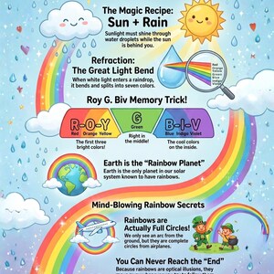 May include: Educational poster titled "Rainbow Magic" explaining rainbows. It details the science behind rainbows, including the magic recipe of sun and rain, refraction, and the Roy G. Biv memory trick. The poster also discusses the Earth as the "Rainbow Planet".
